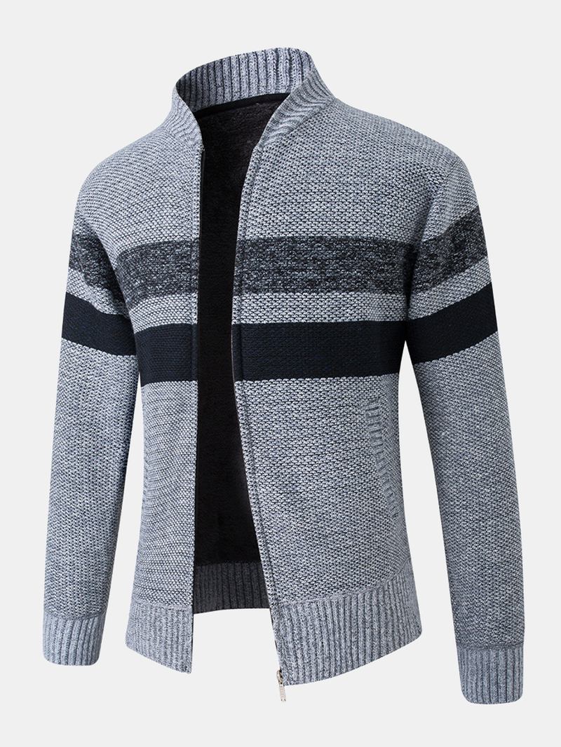 Herre Patchwork Glidelås Foran Rib-strikket Plysj Foret Bomull Cardigans Med Lomme