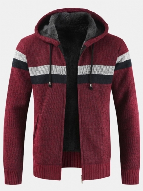 Herre Patchwork Zip Front Rib-strikket Plysj Fôret Hette Cardigans Med Lomme