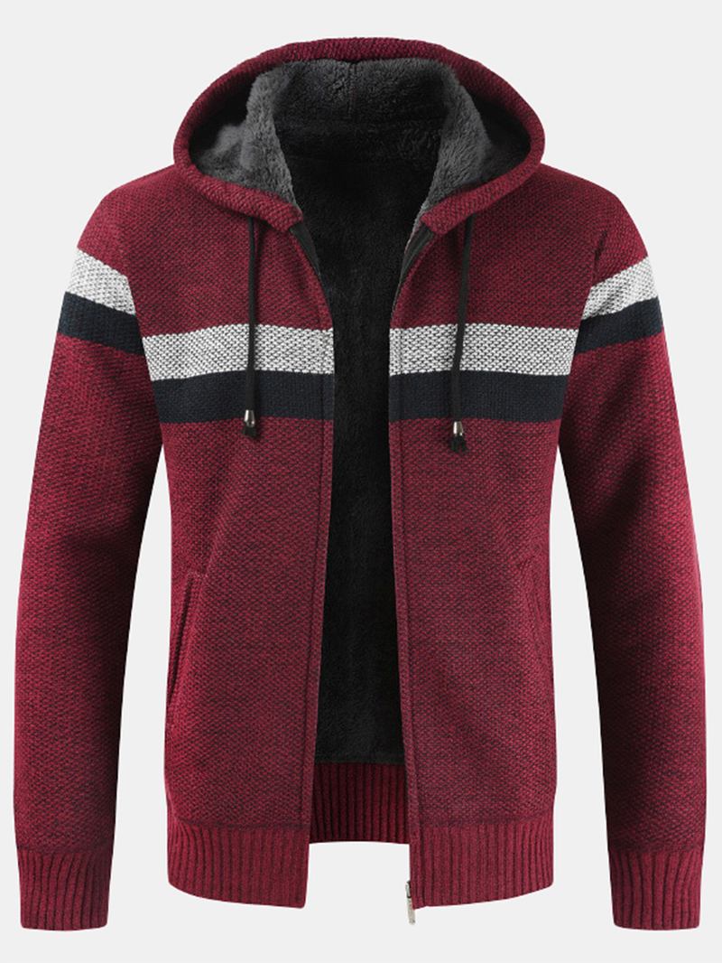 Herre Patchwork Zip Front Rib-strikket Plysj Fôret Hette Cardigans Med Lomme