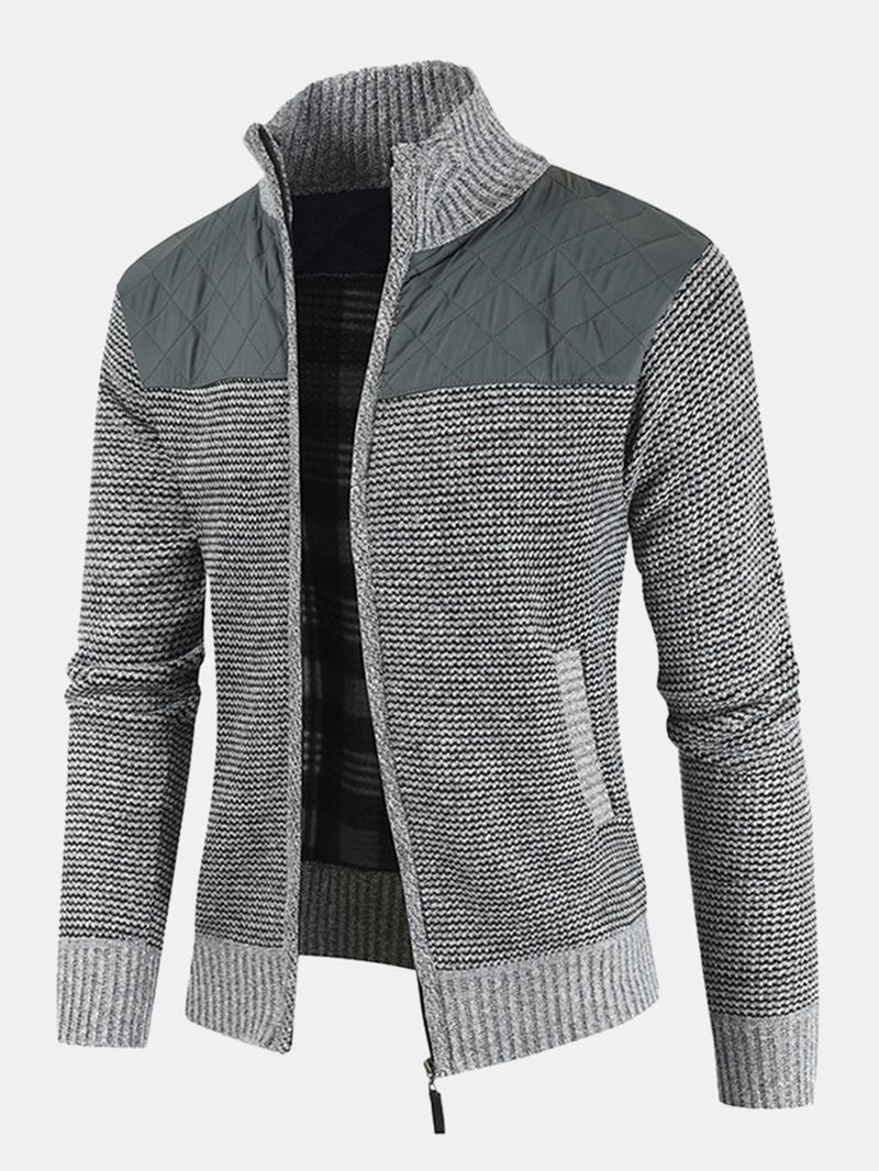 Herre Patchwork Zip Front Stativ Krage Strikket Fritids Cardigans Med Lomme