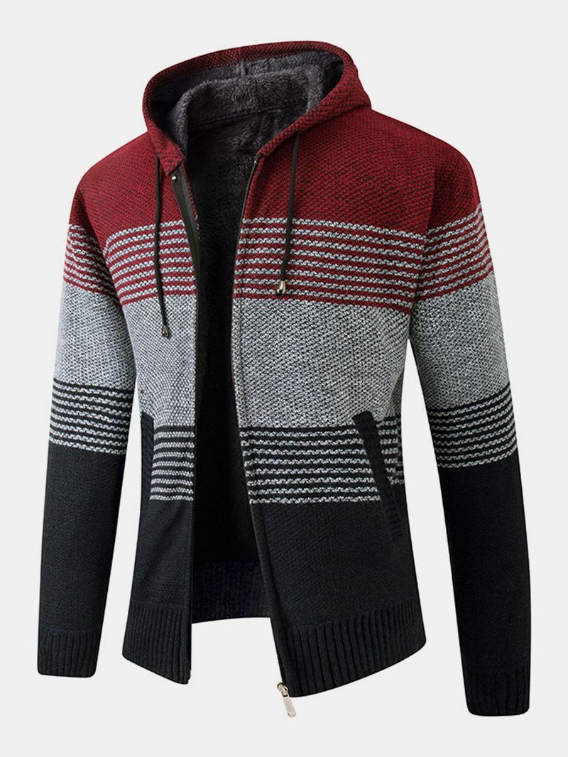 Herre Stripe Colorblock Strikket Fleece Fôret Varme Hette Cardigans Med Lomme