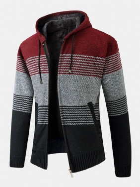 Herre Stripe Colorblock Strikket Fleece Fôret Varme Hette Cardigans Med Lomme