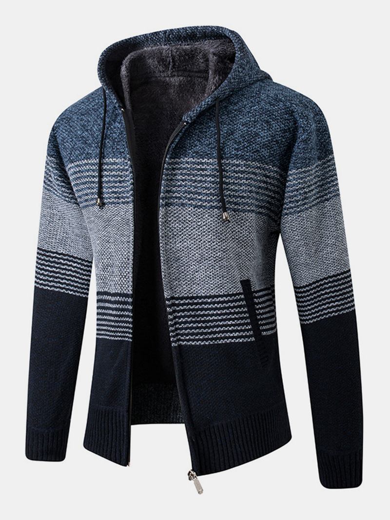 Herre Stripe Colorblock Strikket Fleece Fôret Varme Hette Cardigans Med Lomme