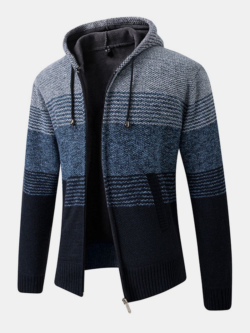 Herre Stripe Colorblock Strikket Fleece Fôret Varme Hette Cardigans Med Lomme