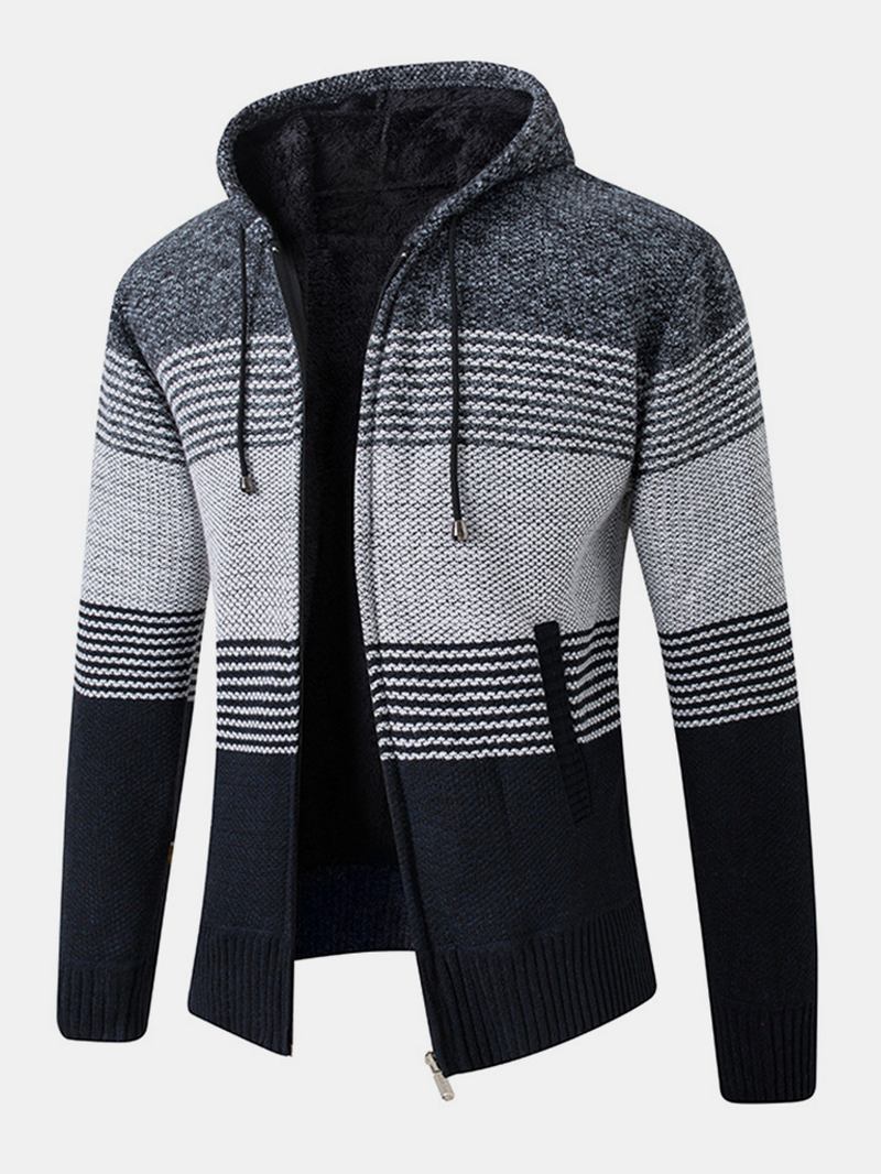 Herre Stripe Colorblock Strikket Fleece Fôret Varme Hette Cardigans Med Lomme