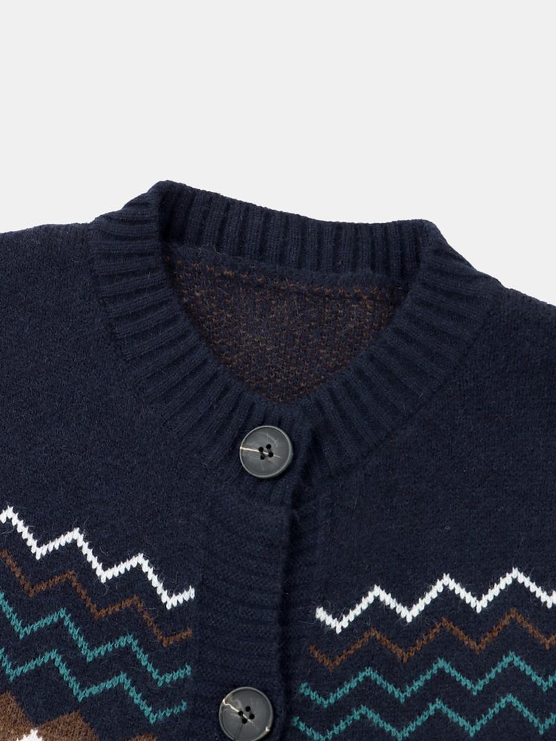 Jacquard Geometrisk Mørk Farge O-hals Strikket Cardigan For Kvinner