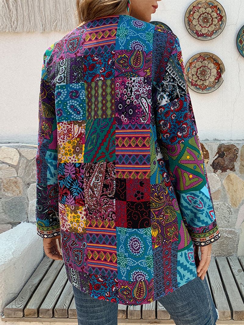 Kvinner Retro Blomstertrykk Patchwork Langermet Uregelmessig Bomull Etnisk Stil Vintage Cardigans