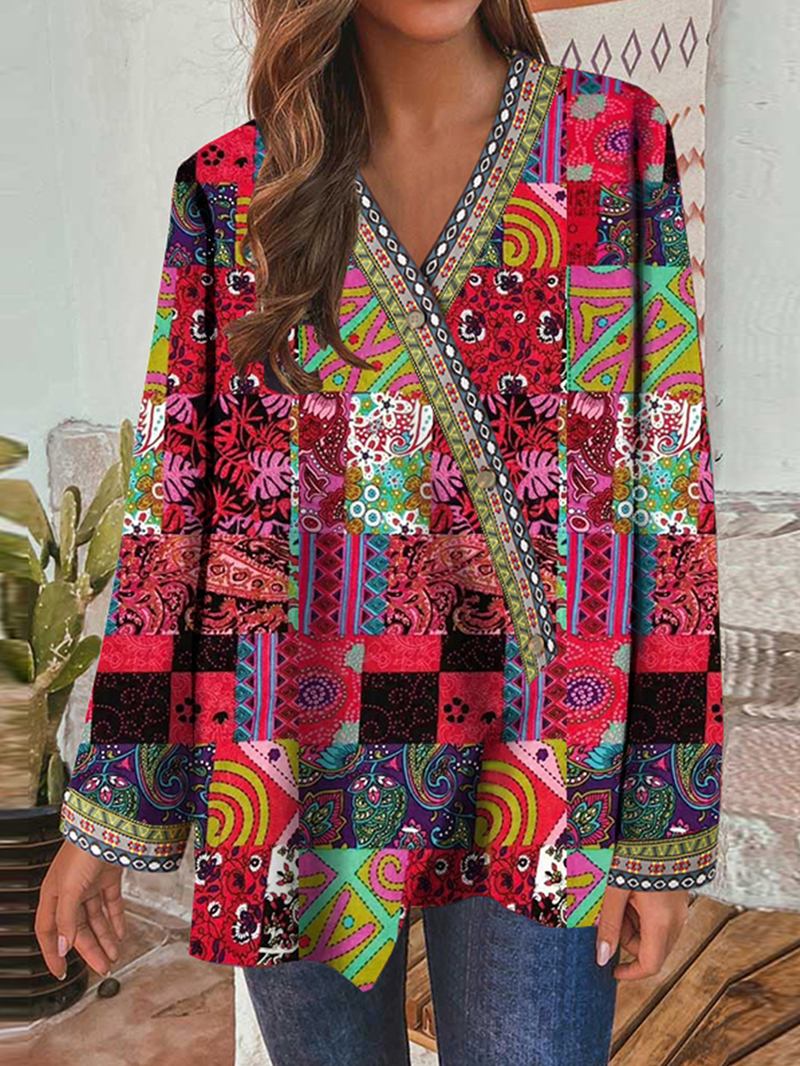 Kvinner Retro Blomstertrykk Patchwork Langermet Uregelmessig Bomull Etnisk Stil Vintage Cardigans