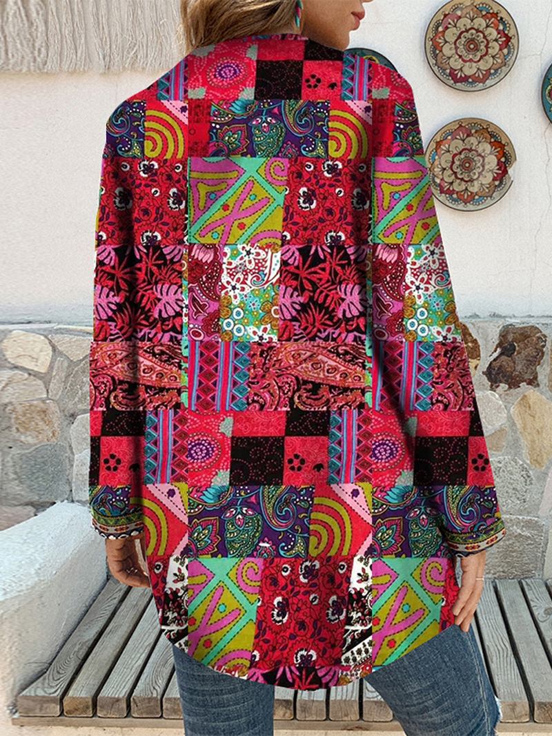 Kvinner Retro Blomstertrykk Patchwork Langermet Uregelmessig Bomull Etnisk Stil Vintage Cardigans