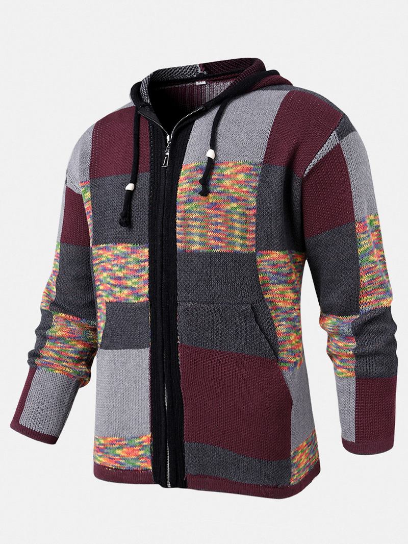 Menn Color Block Strikket Lomme Etnisk Stil Genser Hette Cardigans