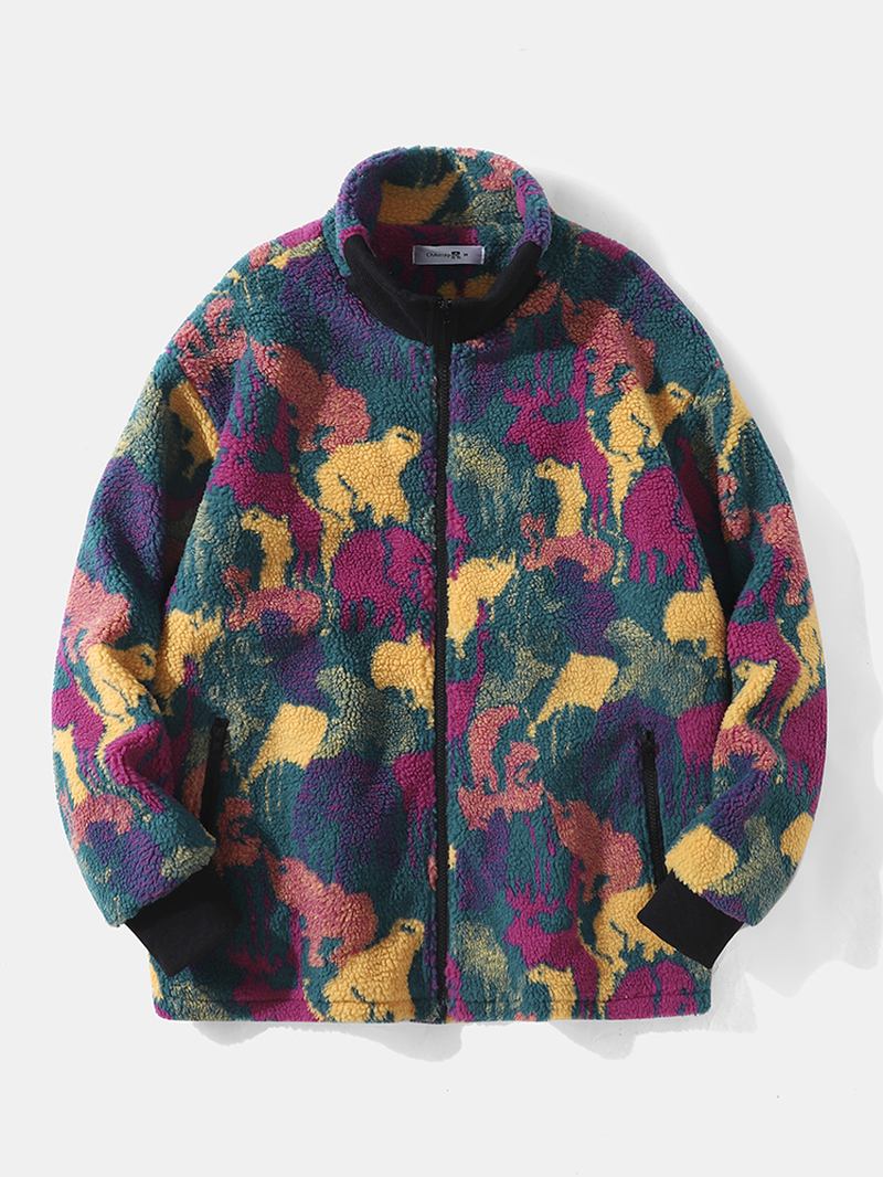 Menn Polar Fleece Tie Dye Stand Kragelommer Zip Cardigans Jakke Coat