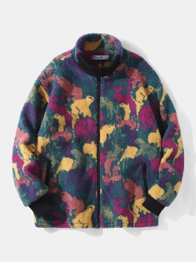 Menn Polar Fleece Tie Dye Stand Kragelommer Zip Cardigans Jakke Coat