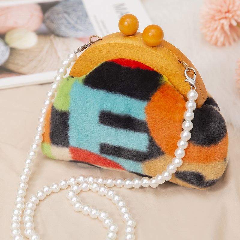 Dame Plysj Tie-dye Patchwork Pearl Chain Skulderveske Crossbody Veske