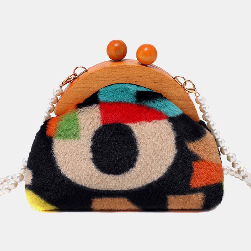 Dame Plysj Tie-dye Patchwork Pearl Chain Skulderveske Crossbody Veske