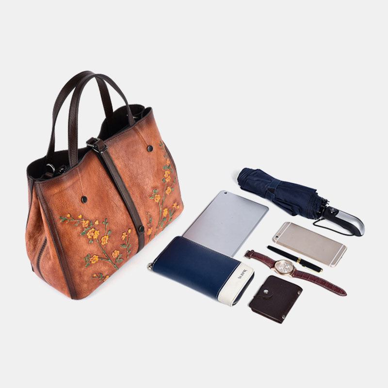 Kvinner Blomstermønster Preget Vegetabilsk Garvet Skinn Crossbody-vesker Retro Stor Kapasitet Ekte Skinn Skulderveske Håndveske