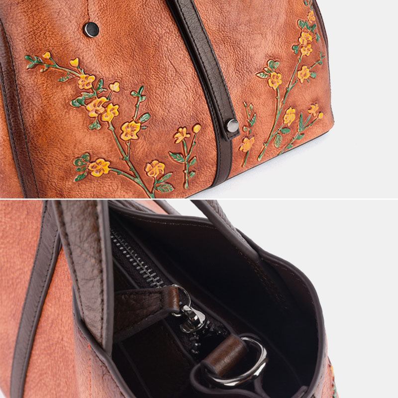 Kvinner Blomstermønster Preget Vegetabilsk Garvet Skinn Crossbody-vesker Retro Stor Kapasitet Ekte Skinn Skulderveske Håndveske