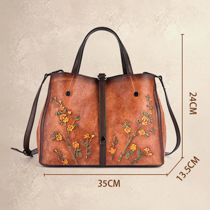 Kvinner Blomstermønster Preget Vegetabilsk Garvet Skinn Crossbody-vesker Retro Stor Kapasitet Ekte Skinn Skulderveske Håndveske