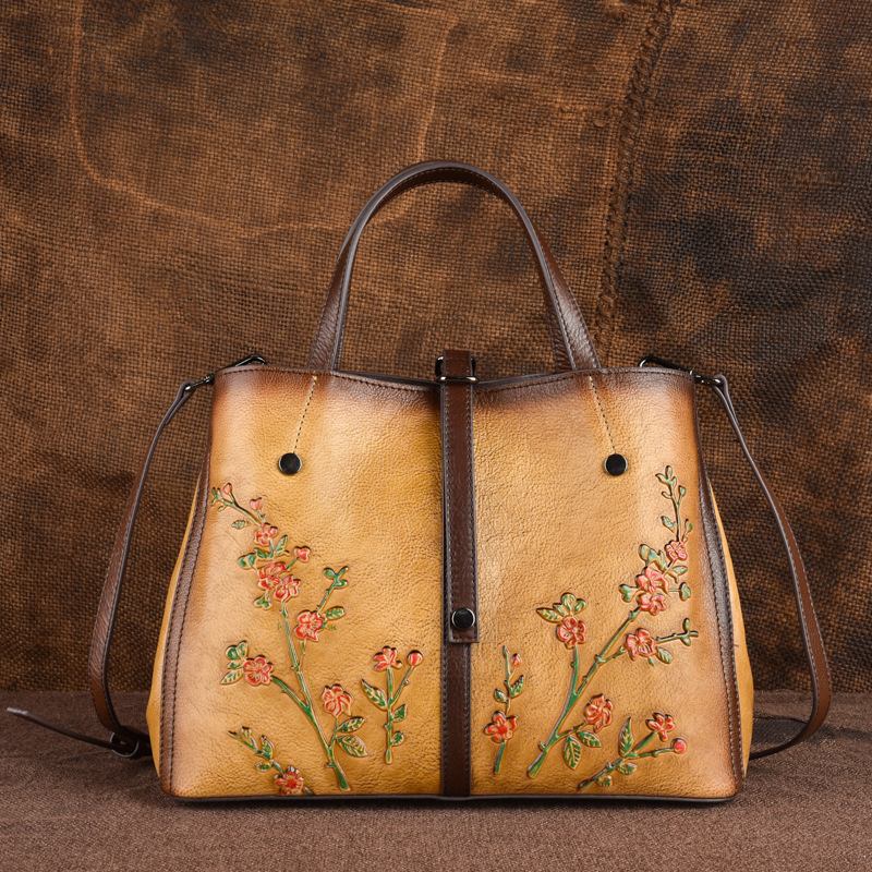 Kvinner Blomstermønster Preget Vegetabilsk Garvet Skinn Crossbody-vesker Retro Stor Kapasitet Ekte Skinn Skulderveske Håndveske