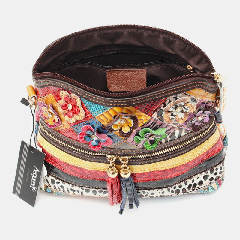 Kvinner Blomstrete Vintage Ekte Skinn Crossbody Veske Jenter Fritids Skulderveske