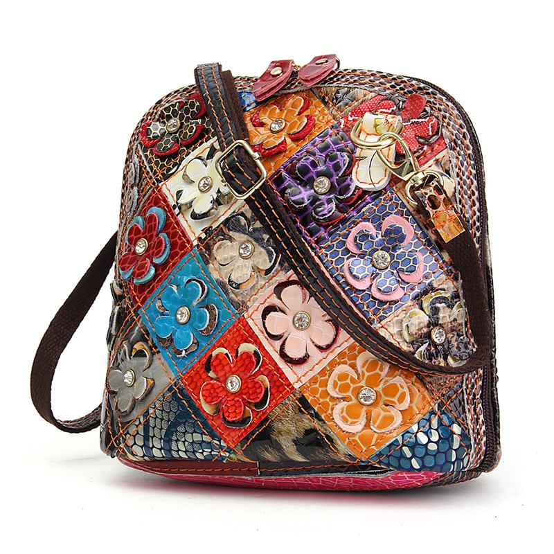 Kvinner Ekte Skinn Patchwork Blomstrete Crossbody Veske