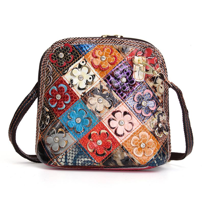 Kvinner Ekte Skinn Patchwork Blomstrete Crossbody Veske