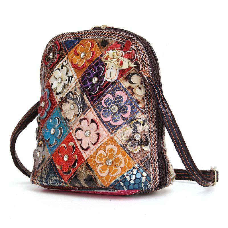 Kvinner Ekte Skinn Patchwork Blomstrete Crossbody Veske