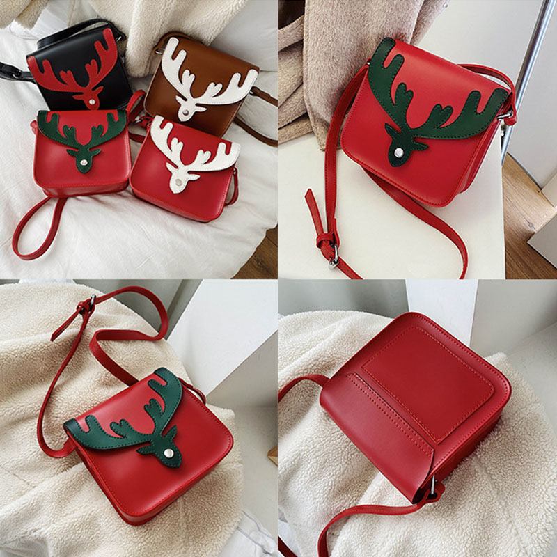 Kvinner Faux Leather Contrast Color Christmas Elg Mønster Liten Firkantet Veske Crossbody Veske Skulderveske