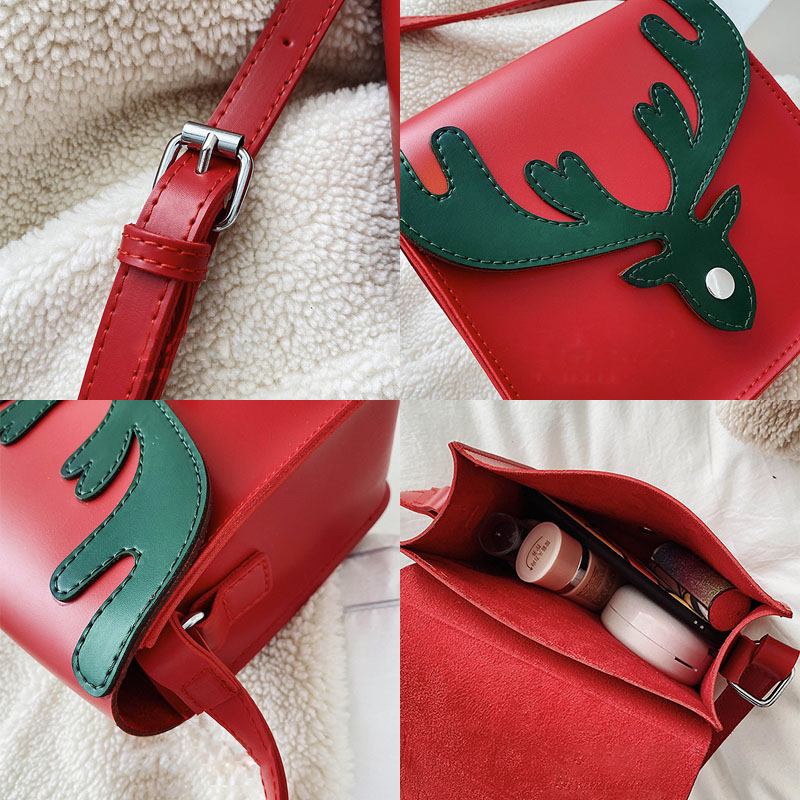 Kvinner Faux Leather Contrast Color Christmas Elg Mønster Liten Firkantet Veske Crossbody Veske Skulderveske