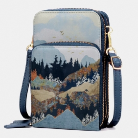 Kvinner Faux Leather Ladies Mountain Treetop Med Trykk Veske 6.3 Tommers Telefonveske Crossbody Veske