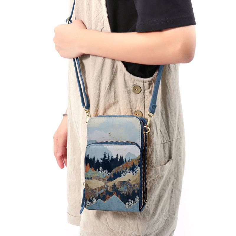 Kvinner Faux Leather Ladies Mountain Treetop Med Trykk Veske 6.3 Tommers Telefonveske Crossbody Veske