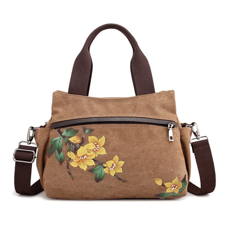 Kvinner Lotus Canvas Handbag Chinese Crossbody Veske