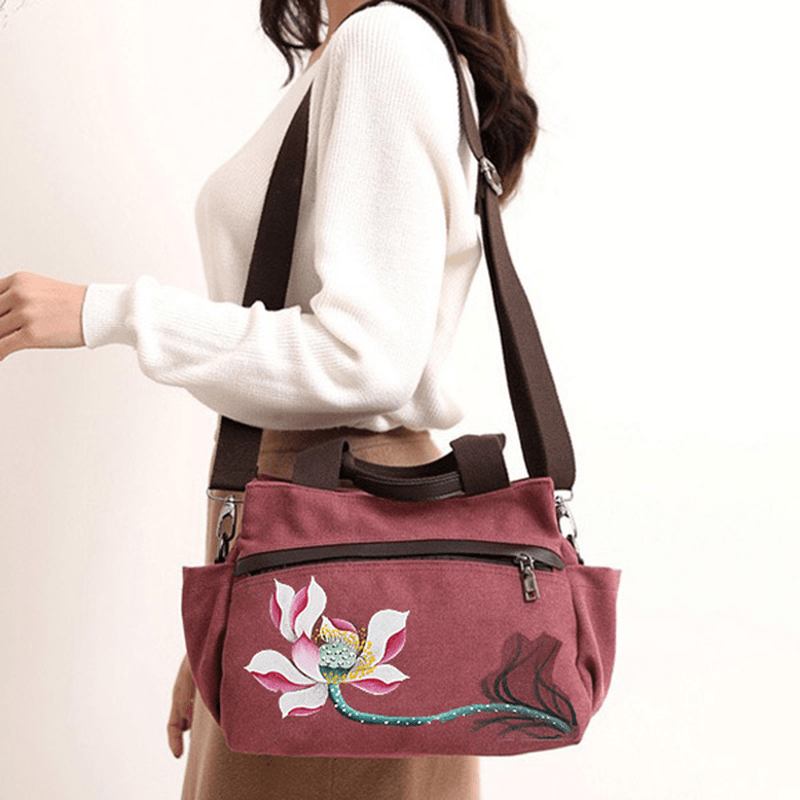 Kvinner Lotus Canvas Handbag Chinese Crossbody Veske