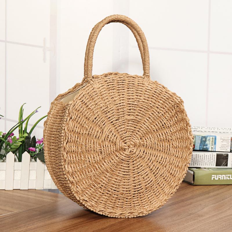 Runde Kvinner Jenter Straw Rattan Veske Circle Handbag Håndvevd Sommer Beach Bali