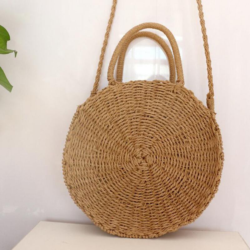 Runde Kvinner Jenter Straw Rattan Veske Circle Handbag Håndvevd Sommer Beach Bali