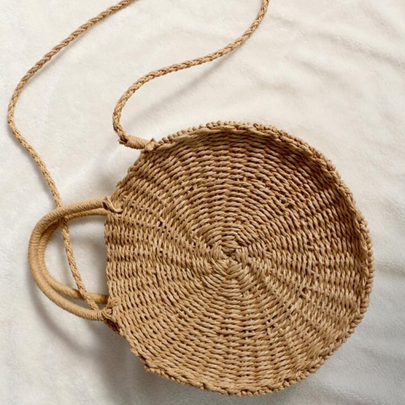 Runde Kvinner Jenter Straw Rattan Veske Circle Handbag Håndvevd Sommer Beach Bali