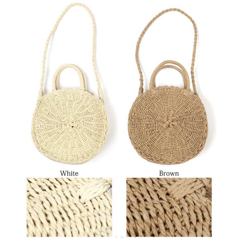 Runde Kvinner Jenter Straw Rattan Veske Circle Handbag Håndvevd Sommer Beach Bali