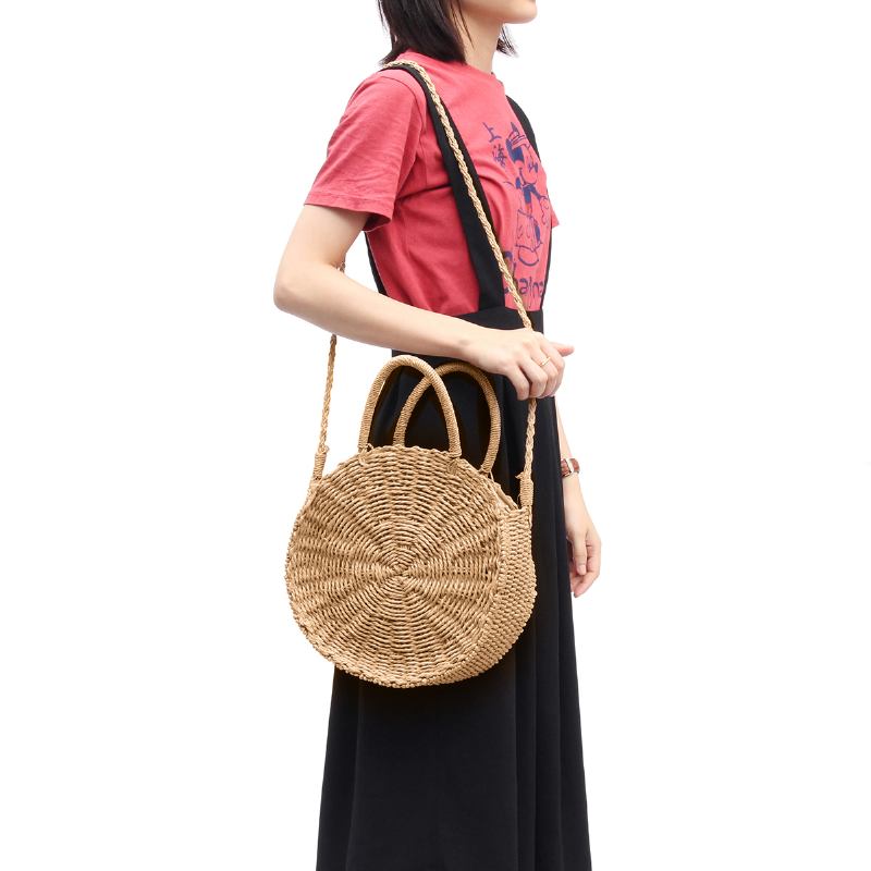 Runde Kvinner Jenter Straw Rattan Veske Circle Handbag Håndvevd Sommer Beach Bali