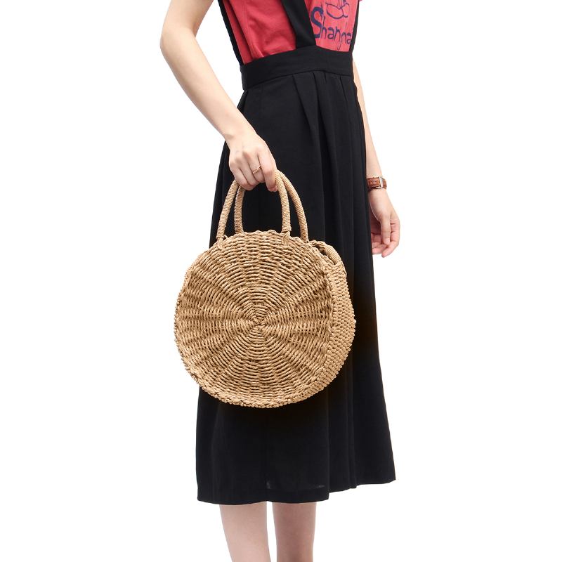 Runde Kvinner Jenter Straw Rattan Veske Circle Handbag Håndvevd Sommer Beach Bali