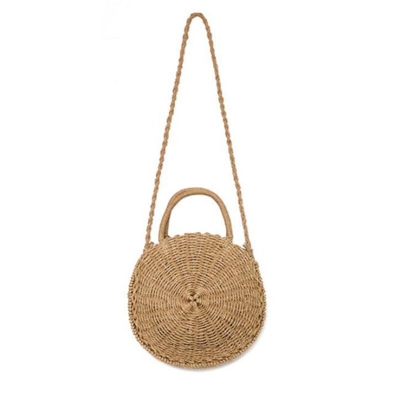 Runde Kvinner Jenter Straw Rattan Veske Circle Handbag Håndvevd Sommer Beach Bali